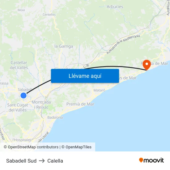 Sabadell Sud to Calella map