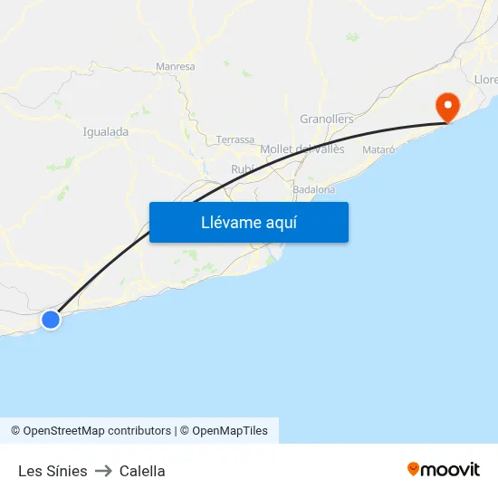 Les Sínies to Calella map