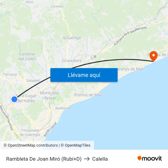 Rambleta De Joan Miró (Rubí+D) to Calella map