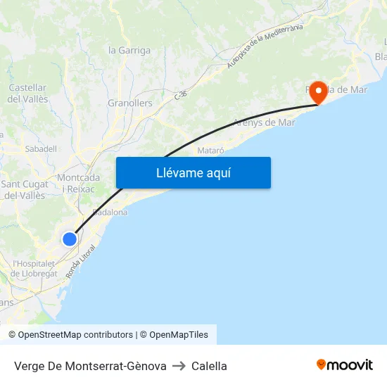 Verge De Montserrat-Gènova to Calella map