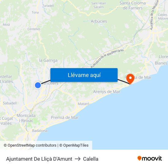 Ajuntament De Lliçà D'Amunt to Calella map