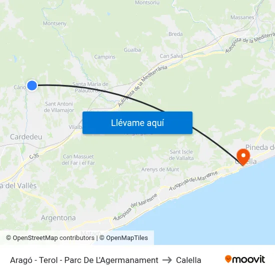 Aragó - Terol - Parc De L'Agermanament to Calella map