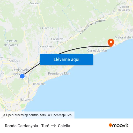 Ronda Cerdanyola - Turó to Calella map