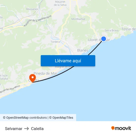 Selvamar to Calella map