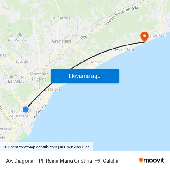 Av. Diagonal - Pl. Reina Maria Cristina to Calella map