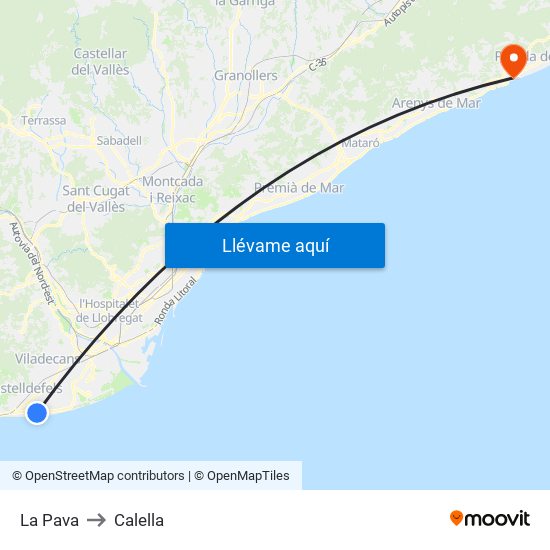 La Pava to Calella map