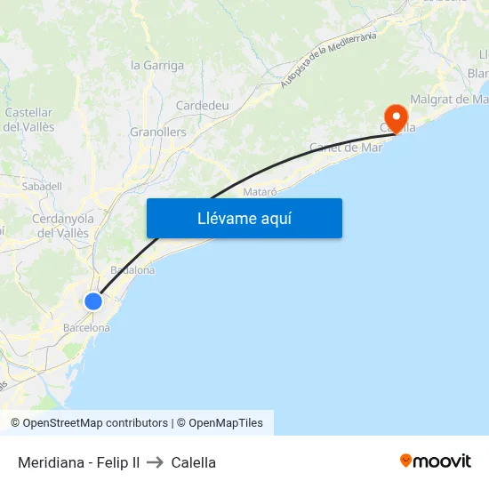 Meridiana - Felip Il to Calella map