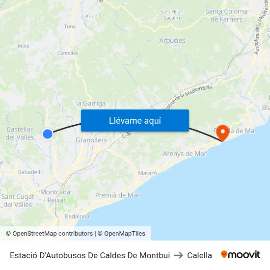 Estació D'Autobusos De Caldes De Montbui to Calella map