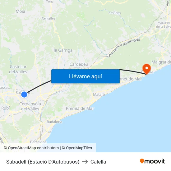 Sabadell (Estació D'Autobusos) to Calella map