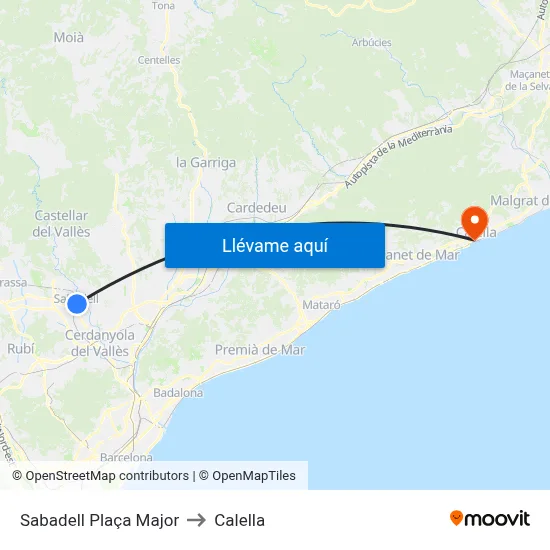 Sabadell Plaça Major to Calella map