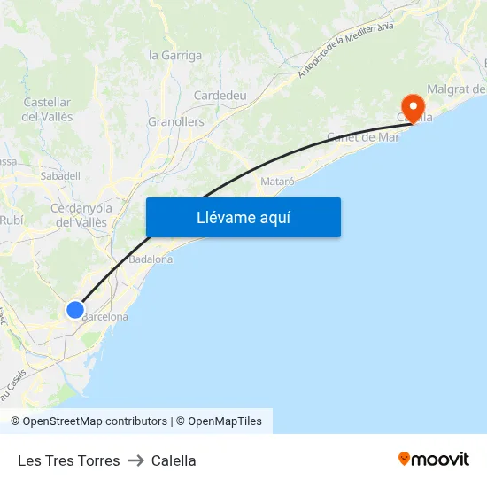 Les Tres Torres to Calella map