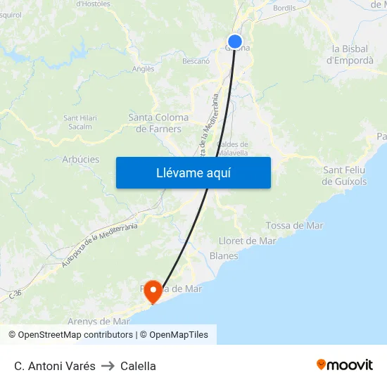 C. Antoni Varés to Calella map