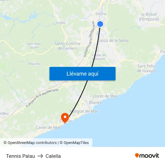 Tennis Palau to Calella map