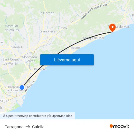 Tarragona to Calella map