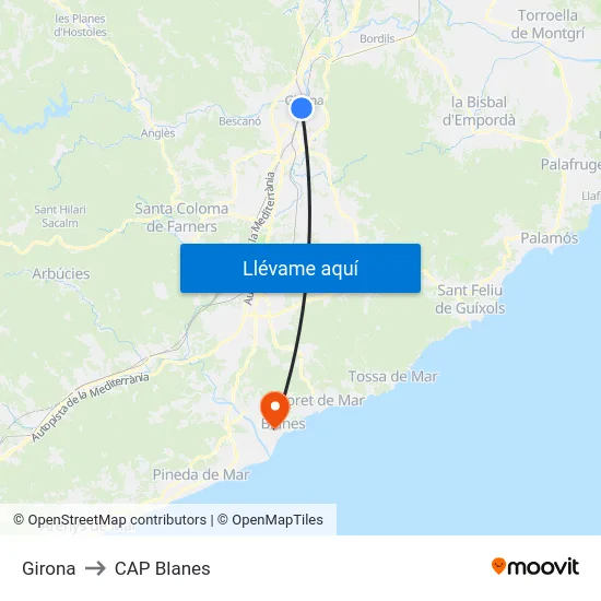 Girona to CAP Blanes map