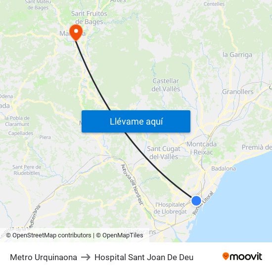 Metro Urquinaona to Hospital Sant Joan De Deu map