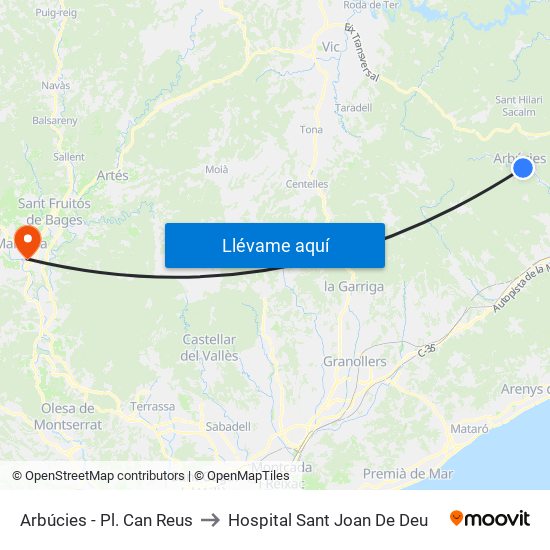 Arbúcies - Pl. Can Reus to Hospital Sant Joan De Deu map
