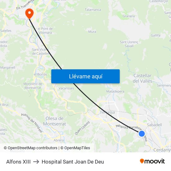 Alfons XIII to Hospital Sant Joan De Deu map