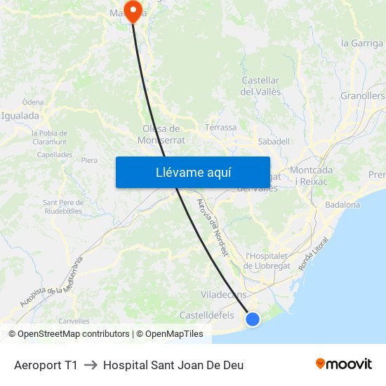 Aeroport T1 to Hospital Sant Joan De Deu map