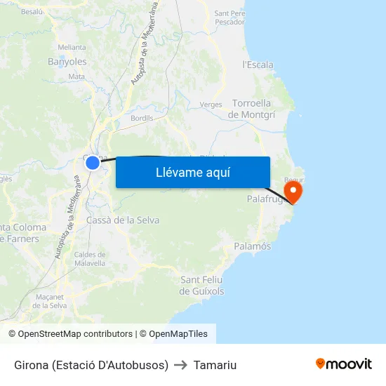 Girona (Estació D'Autobusos) to Tamariu map