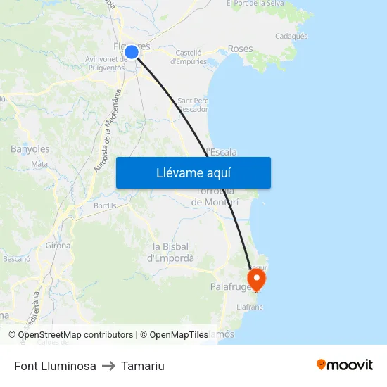 Font Lluminosa to Tamariu map