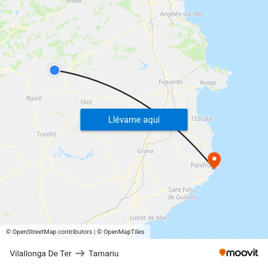 Vilallonga De Ter to Tamariu map