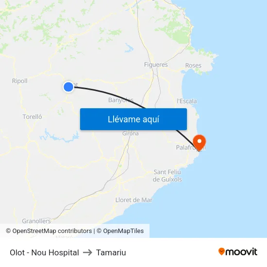 Olot - Nou Hospital to Tamariu map