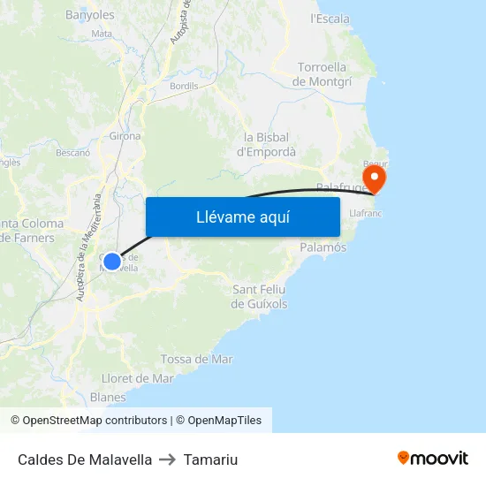 Caldes De Malavella to Tamariu map