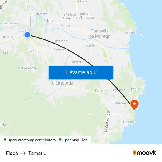 Flaçà to Tamariu map