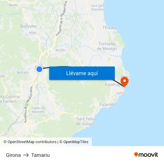 Girona (Estació D'Autobusos - T.A.V.) to Tamariu map