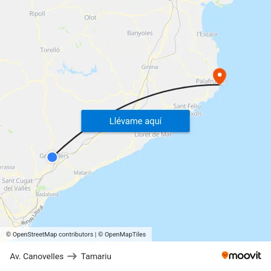 Av. Canovelles to Tamariu map