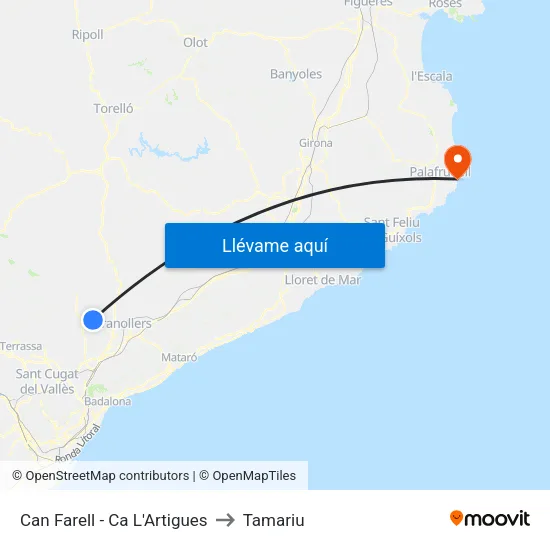 Can Farell - Ca L'Artigues to Tamariu map