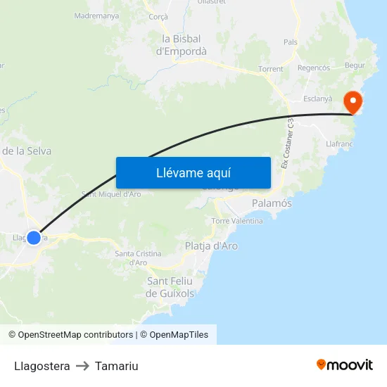 Llagostera to Tamariu map