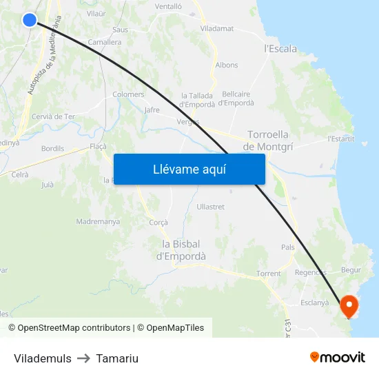Vilademuls to Tamariu map