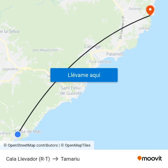 Cala Llevador (R-T) to Tamariu map