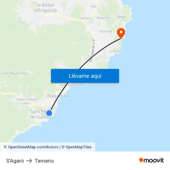 S'Agaró to Tamariu map