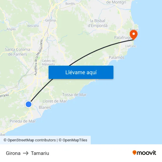 Girona to Tamariu map