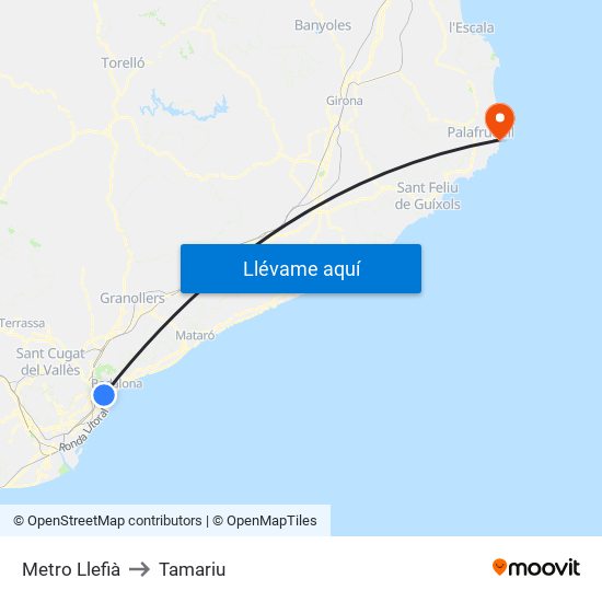 Metro Llefià to Tamariu map