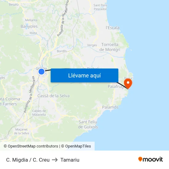 C. Migdia / C. Creu to Tamariu map