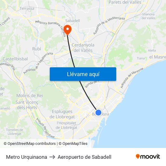 Metro Urquinaona to Aeropuerto de Sabadell map