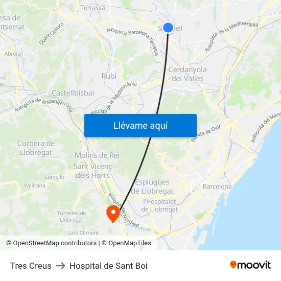 Tres Creus to Hospital de Sant Boi map