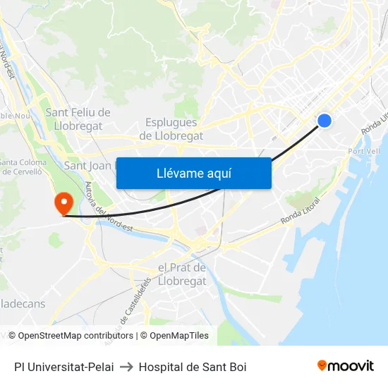 Pl Universitat-Pelai to Hospital de Sant Boi map