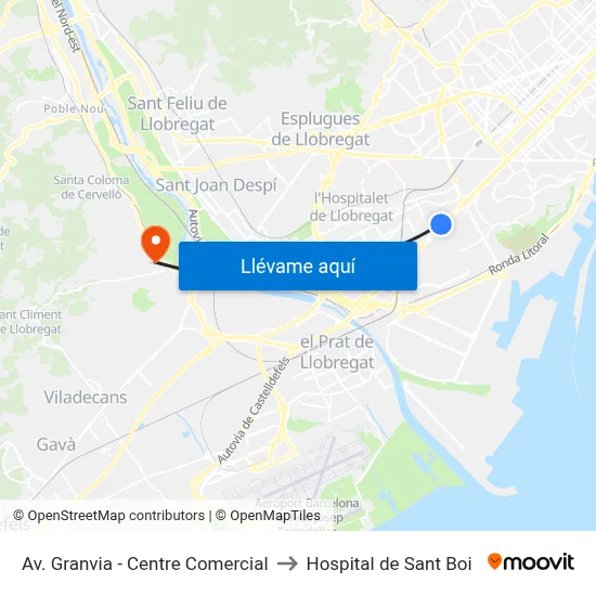 Av. Granvia - Centre Comercial to Hospital de Sant Boi map