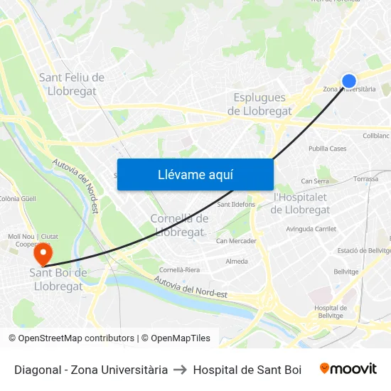 Diagonal - Zona Universitària to Hospital de Sant Boi map