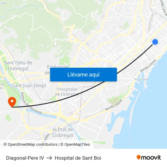 Diagonal-Pere IV to Hospital de Sant Boi map