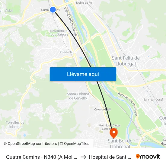 Quatre Camins - N340 (A Molins) to Hospital de Sant Boi map