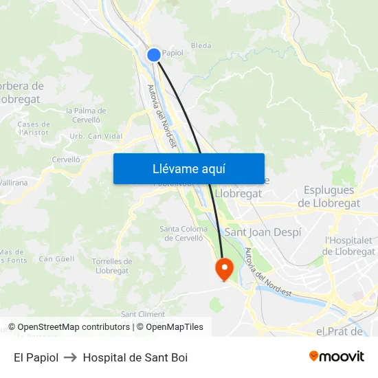 El Papiol to Hospital de Sant Boi map