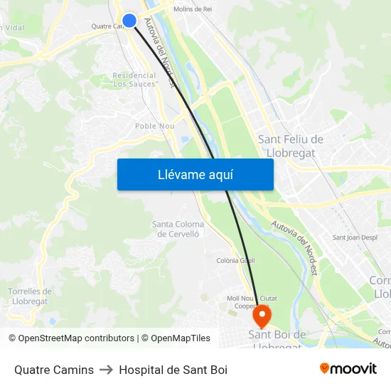 Quatre Camins to Hospital de Sant Boi map
