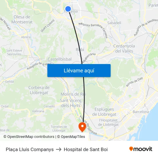 Plaça Lluís Companys to Hospital de Sant Boi map