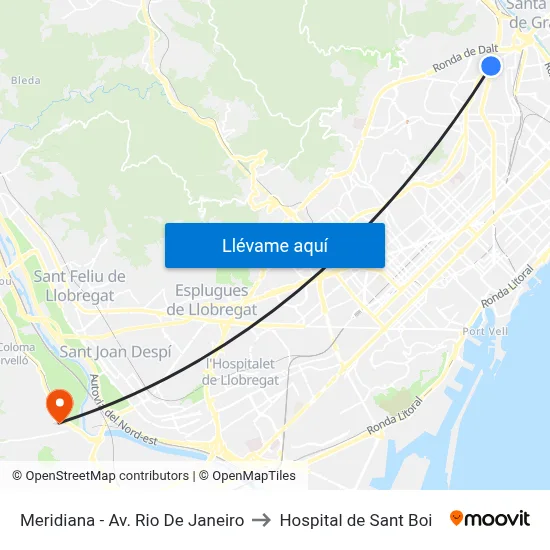 Meridiana - Av. Rio De Janeiro to Hospital de Sant Boi map